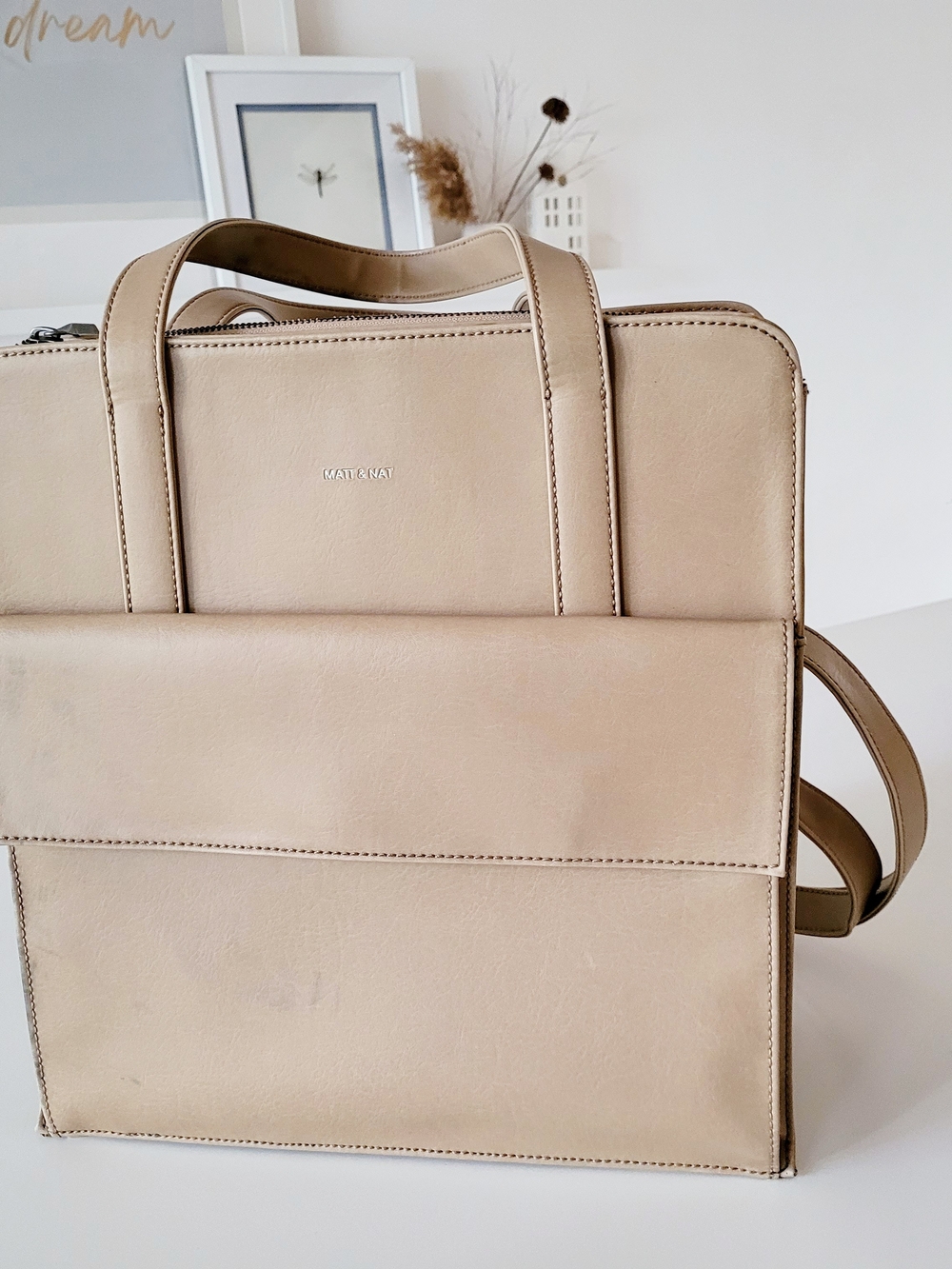 Matt & Nat Beige Leather Laptop Tote - Structured Bag